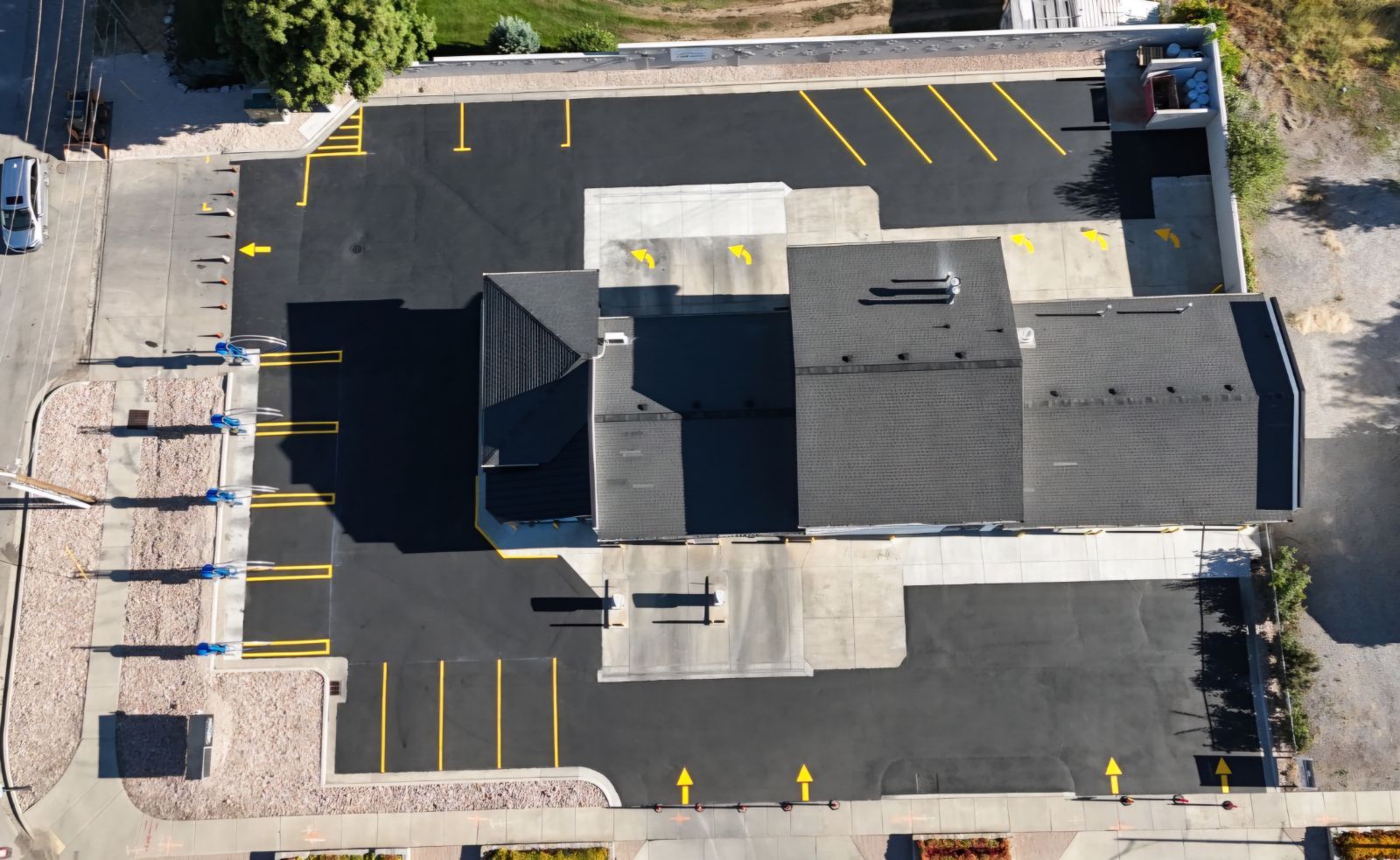Aerial view of freshly striped commercial parking lot